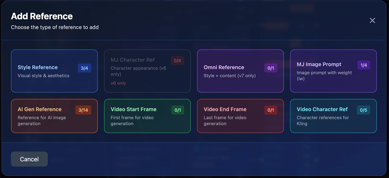 Add Refs button and reference type selection on a prompt card
